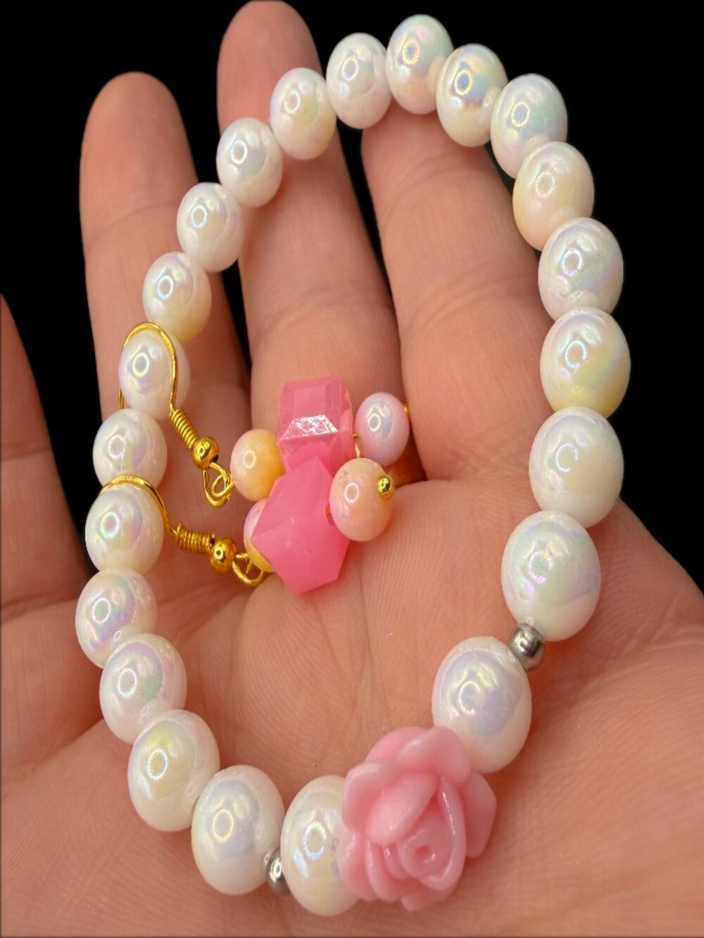 🌸 Iridescent Pastel Rose Shimmer Bracelet Set: Pink Cube Drop Earring Suite